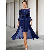 voordelige Jurkensets voor mama-Twee Delige Sheath Moeder van de Bruid Jurk Formele Bruiloft Gast Elegante Feest Off Shoulder Knie Lengte Chiffon Kant Imiteerde Zijde 3/4 Lengte Mouw met Strik(ken) 2025 gratis op maat