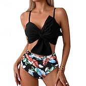 abordables Maillots une pièce et tankinis-Femme Tankini Maillot De Bain Deux Pièces V Profond Bretelles Croisées Maillots de Bain Floral Maillots de Bain Jaune foncé Noir / Blanc Respirable Séchage rapide Poids Léger Sans Manches - Natation