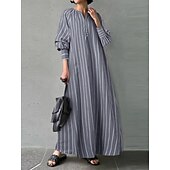 preiswerte bedruckte Kleider aus Baumwolle und Leinen-Damen Maxikleid Baumwoll-Leinen-Kleider Freizeitkleid Basic Lässig Urlaub Täglich Normale Passform Gestreift Langarm V Ausschnitt Weiß Blau Sommer Frühling