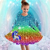 billiga Enhörningsklänning i 3D-Flickor 3D Grafisk Enhörnings Klänning Långärmad Sommar Vår Semester Dagligen Helgdag Prinsessa Skön Ljuv Barn 4-12 år Vardagsklänning A linjeklänning Knälång Normal