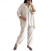 baratos Conjuntos-Mulheres Moda Roupa de rua Camisa Social Conjuntos inspirados em linho Conjuntos de duas peças Calças de linho Calças Conjunto Manga Longa Colarinho de Camisa Côr Sólida Com Cordão Roupa Diária
