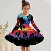 billiga 3D Shining Vision Klänning-Flickor 3D Grafisk Kokosnötsträd Klänning Långärmad Sommar Vår Semester Dagligen Helgdag Prinsessa Skön Ljuv Barn 4-12 år Vardagsklänning A linjeklänning Knälång Normal