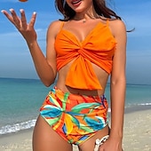 abordables Maillots une pièce et tankinis-Femme Tankini Maillot De Bain Deux Pièces V Profond Bretelles Croisées Maillots de Bain Floral Maillots de Bain Jaune foncé Noir / Blanc Respirable Séchage rapide Poids Léger Sans Manches - Natation