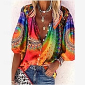 abordables Tops Boho pour Femmes-Chemise Femme Manches Longues Blouse Boutonnée Quotidienne Basique Néon  Lumineux Boutons Imprimé Hauts Regular Col en V Décontracté Jaune Orange Automne  Hiver
