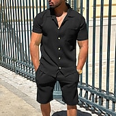 abordables Ensembles de chemises basiques pour hommes-Homme Deux pièces Ensemble Chemise Ensemble été Et Set Uni Quotidien Vacances Sortir Col Manche Courte Pantalon Court Été Mode Occasionnel Confortable Vêtement Tenue