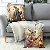 voordelige Vakantie kussensloop-Vintage Paas Decoratieve Toss Kussens Cover 1PC Konijn Zacht Vierkant Bankkussenhoes Kussenhoes voor Slaapkamer Woonkamer Sofa Stoel