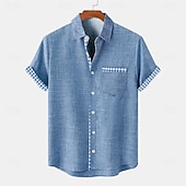 abordables Classique-Homme Chemise Chemise Lin Chemise de plage Plaid Intérieur Vacances Bleu Vert Kaki Manche Courte Col rabattu Eté Vêtement Tenue