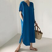 economico Vestiti-Per donna Abito Lungo Maxi Abito Abiti ispirati al lino Vestito Casual Abito in cotone e lino Elegante Casual Vacanza Quotidiano Data Vestibilità regolare Semplice Manica Corta Scollo a V Blu Estate
