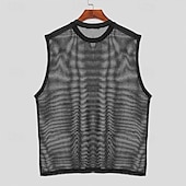 billiga Gym-toppar-Herr Linne Undertröjor Ärmlös tröja Ärmlös Rund halsringning Sommar Slät Mode Sexig Muskel Ihålig Utomhus Utekväll Gym Svart Topp t-shirt för män