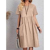 economico abiti stampati in cotone e lino-Per donna Abito Midi Abito Lungo Maxi Abito Abiti in cotone e lino Elegante Essenziale Casual Vacanza Feste Lavoro Vestibilità regolare Semplice Manica Corta Girocollo Rosa Marrone chiaro Cachi Blu