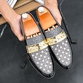 economico Semi-formale-mocassini da uomo in vernice nera con dettagli borchiati e cinturino dorato, scarpe casual alla moda per feste ed eventi speciali