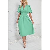 cheap Dresses-Retro Vintage 1950s Midi Dress Flare Dress Puff Sleeve Solid Color A-Line V Neck Women&#039;s Masquerade Wedding Vacation Tea Party Adults&#039; Dress