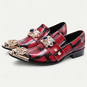 cheap Semi-Formal-Men&#039;s Red Plaid Leather Loafers with Gold Lion Decoration – Premium Cowhide, Slip-On Style for Formal and Fashionable Occasions