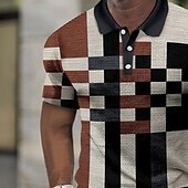 billige Geometrisk polo for menn-Herre Fargeblokk Vaffel poloskjorter Kortermet Poloskjorter Skjorter med krage Business Casual Virksomhet treningsklær Friluftslklær Knapper 3D-utskrift Sommer Svart