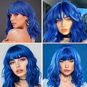 baratos Perucas Sintéticas sem Touca-perucas azuis para mulheres e meninas, peruca azul escura ondulada, peruca curta de cabelo azul, peruca azul bob natural com franja, peruca azul cacheada na altura dos ombros, peruca sintética cosplay