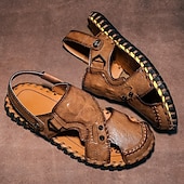cheap Casual Sandals-Men&#039;s Brown Leather Sandals with Adjustable Strap and Stylish Stitching – Comfortable and Durable for Casual Outings, Beach and Everyday Wear
