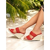 cheap Vacation Sandals-Red Woven Slide Sandals for Women – Stylish Wedge Heel, Summer Beach &amp; Casual Outdoor Footwear