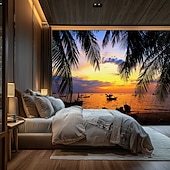 cheap Ocean Beach Tapestry-Landscape Sunset Beach Hanging Tapestry Wall Art Large Tapestry Mural Decor Photograph Backdrop Blanket Curtain Home Bedroom Living Room Decoration Palm Tree