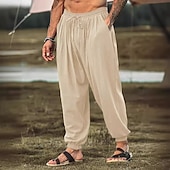 cheap Retro-Men&#039;s Joggers Linen Pants Trousers Summer Pants Beach Pants Pocket Drawstring Elastic Waist Plain Comfort Breathable Full Length Casual Daily Holiday Fashion Retro Vintage Green Khaki