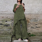 preiswerte Sets-Damen Streetwear Betrübt Hemd Baumwoll-Leinen-Sets Zweiteilige Sets Leinenhosen Hosen Hose Halbarm Rundhalsausschnitt Einfarbig Kordelzug Alltagskleidung Date Armeegrün Marineblau Khaki Sommer