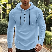 preiswerte Straße-Herren Hemd Strandbekleidung Kapuzenshirt Solide / einfarbig Strasse Ausgehen Schwarz Weiß Khaki Grau Langarm Mit Kapuze Sommer Bekleidung Verstellbare Kordelzughaube