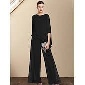 levne Máminy kalhotové kostýmy-Dvoudílný overal  kalhotový oblek matky nevěsty svatební host elegantní velké velikosti náhrdelník délka po podlahu šifon 3/4 délky rukáv s aplikacemi bez vlastního rozměru