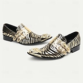 baratos Sapatos Sociais Elementares-Mocassins em Couro de Vaca Premium Masculinos com Padrão de Zebra Ousado e Design de Dupla Fivela com Ponta Dourada–Calçados Estilosos e Confortáveis para Ocasiões Formais e Fashion-forward