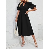 cheap Dresses-Retro Vintage 1950s Midi Dress Flare Dress Puff Sleeve Solid Color A-Line V Neck Women&#039;s Masquerade Wedding Vacation Tea Party Adults&#039; Dress