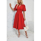 cheap Dresses-Retro Vintage 1950s Midi Dress Flare Dress Puff Sleeve Solid Color A-Line V Neck Women&#039;s Masquerade Wedding Vacation Tea Party Adults&#039; Dress