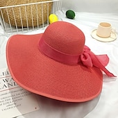 economico Accessori-cappello di paglia a tesa larga per donna, protezione solare estiva, cappello a tesa larga, cappello da spiaggia con fiocco da mare, cappello da sole