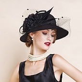 tanie Kapelusze na przyjęcia-kapelusze lniany melonik / kapelusz typu cloche kapelusz wiaderkowy kapelusz przeciwsłoneczny wesele przyjęcie herbaciane eleganckie wesele z piórkowym łączeniem nakrycie głowy nakrycie głowy