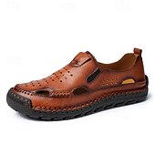 cheap Casual Sandals-Men&#039;s Brown Leather Slip-On Sandals with Perforated Detailing and Stretch Panels – Comfortable and Stylish for Casual Wear, Outdoor and Summer Activities
