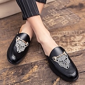 preiswerte Halbformell-Schwarze Slipper für Herren mit geprägtem Logo und goldenem Akzent, lässige flache Schuhe für den Alltag und das Büro
