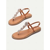 economico Infradito da Vacanza-sandali infradito da donna con fiori di strass color cuoio e bordi borchiati – eleganti sandali bassi per l&#039;estate, la spiaggia e le occasioni informali