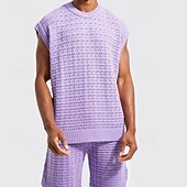 baratos Conjuntos de camisetas básicas masculinas-Homens Conjunto de shorts e camiseta Conjunto de T Sem Manga Crewneck Côr Sólida Roupa de Malha Tricotado Férias Roxo Bege Top Tee para Homens