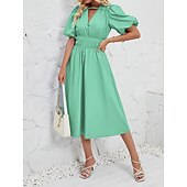cheap Dresses-Retro Vintage 1950s Midi Dress Flare Dress Puff Sleeve Solid Color A-Line V Neck Women&#039;s Masquerade Wedding Vacation Tea Party Adults&#039; Dress