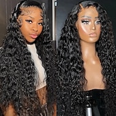 economico Parrucche lace front capelli veri-parrucca frontale in pizzo trasparente con onde d&#039;acqua 13x6, densità 150% per donne nere