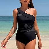 preiswerte Ein Stück &amp; Tankinis-Damen Badeanzug Bademode V-Ausschnitt Bademode Einfarbig Badeanzug Schwarz Marineblau Atmungsaktiv Schnelltrocknend Leichtgewichtig Ärmellos - Schwimmen Surfen Strand Sommer Frühling
