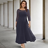 voordelige Vloerlengte-Strand Bruiloft A-Lijn Plus Size Curve Moeder van de Bruid Jurken Elegante Jurk Formele Bruiloft Gast Theelengte 3/4 Lengte Mouw Juwel Hals Chiffon met Geraffineerd Pailletten Sequin gratis op maat