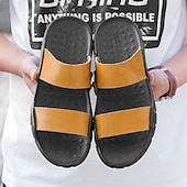cheap Dress Sandals-&quot;Men&#039;s Black and Yellow Slide Sandals with Wide Straps, Casual Style for Outdoor and Beach Wear