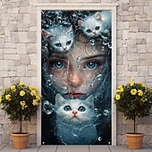 お買い得  ドアカバー-女の子 猫 ドア装飾 ドアカバー ドアタペストリー ドアカーテン装飾 バックドロップ 屋内/屋外のドアバナー フロントドア ファームハウス