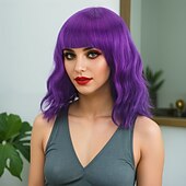 Χαμηλού Κόστους Συνθετικές Trendy Περούκες-Συνθετικές Περούκες Ζωηρές μπούκλες Βαθύ Κύμα Ασύμμετρο κούρεμα Με αφέλειες Μηχανοποίητο Περούκα Κοντό Ξανθό Συνθετικά μαλλιά Γυναικεία Μωβ