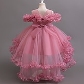 preiswerte Kleider für die Blumenmädchen-Blumenmädchenkleid Mädchen Formelle Kleidung Prinzessinenkleid Party Kleid Hochzeit Besondere Anlässe bezaubernd Süß Rüschen Zip Feste Farbe Kurzarm Rundhalsausschnitt Weiß Champagner 4-13 Jahre