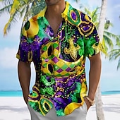 マルディグラ 男性用 マスク カーニバル シャツ ボタンアップシャツ 半袖 ファッションカジュアル バケーション 贈り物 祝日 夏 春 折襟 襟付きシャツ フロントポケット1つ パープル お買い得  メンズプリントシャツ-マルディグラ 男性用 マスク カーニバル シャツ ボタンアップシャツ 半袖 ファッションカジュアル バケーション 贈り物 祝日 夏 春 折襟 襟付きシャツ フロントポケット1つ パープル