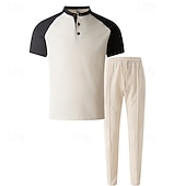 preiswerte Basic T-Shirts für Herren-Herren T-Shirt Anzüge T-Shirts und lange Hosen mit Kordelzug 2-teiliges Outfit Kurzarm Henley Sommer Frühling Farbblock Mode Lässig 2 teilig Urlaub Alltagskleidung Ausgehen Wein Grün Khaki Top