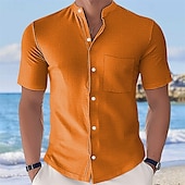 cheap Men&#039;s Button Up Shirts-Men&#039;s Shirt Summer Shirt Casual Shirt Beach Shirt Button Up Shirt Black White Yellow Pink Sky Blue Short Sleeve Plain Grandad Collar Stand Collar Vacation Hawaiian Buttons Clothing Apparel Fashion
