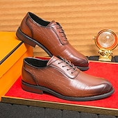 baratos Formal-Sapatos oxford masculinos de couro sintético marrom com relevo de crocodilo - elegantes e sofisticados para uso casual e formal