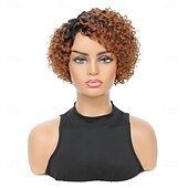 cheap Human Hair Capless Wigs-Fancy Hair Short Curly Human Hair Wigs Pixie Cut Kinky Curly Wig Honey Blonde With Dark Roots Side Part Deep Curly No Lace Front Brazilian Remy Human Hair Wig for Black Women Daily Use