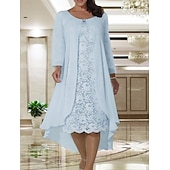 billiga Med jacka-Strandbröllop tvådelad A-linjeformad klänning för brudens mor bröllopsgäst elegant plus size juvelhals te-längd chiffong spets kortärmad jacka klänningar med enfärgad gratis anpassad storlek
