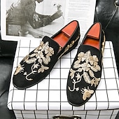 levne Poloformální-pánské černé semišové slip-on mokasíny se zlatou květinovou a včelí výšivkou – elegantní neformální obuv na svatby, večírky a formální události